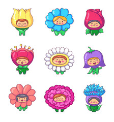 Fototapeta premium Cute little kids wearing flowers costumes. Funny boys and girls cartoon characters in clothes rose, chamomile, tulip. Hand drawn style. Vector drawing. Collection of design elements.