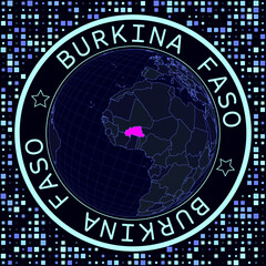 Burkina Faso on globe vector. Futuristic satelite view of the world centered to Burkina Faso. Geographical illustration with shape of country and squares background.