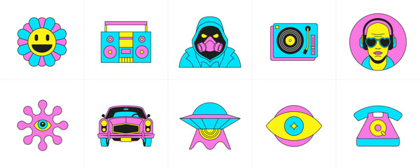 Psychedelic cartoon characters and elements trendy funky sticker groovy icon set vector flat