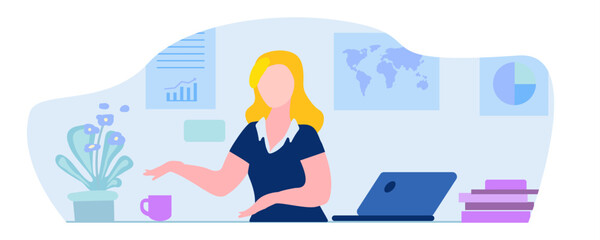 A young woman works at a computer. Books, schedule, board, workplace. Vector illustration, Not AI, hand drawn