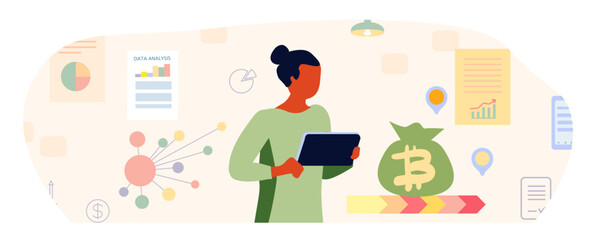 Man with Graph Analyzing Financial Profit Growth and Evaluating. Revenue and Expense Businessman, laptop, note. Calculation of income and expenses. Cartoon flat vector illustration, Not AI, hand drawn