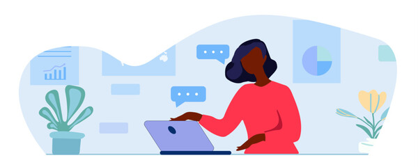 Remote work concept. Young woman working on a laptop in her home office. Schedule, coffee cup, board, workplace. Vector illustration, Not AI, hand drawn