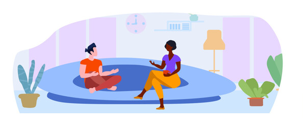 A man and a woman are sitting on the sofa and talking. Modern colorful cartoon flat vector illustration, Not AI, hand drawn
