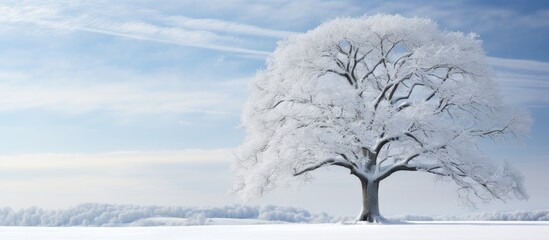 In the breathtaking winter landscape, a majestic oak tree stood tall amidst the snowy forest, its leafless branches contrasting against the white backdrop, revealing the organic beauty of nature in