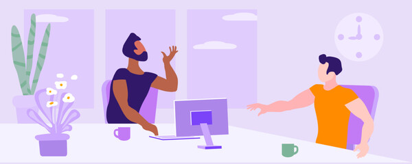 Emotional men at work. Workplace. Emotional conversation. Vector illustration, Not AI, hand drawn