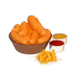 fast food menu 3d clipart, Set of Crispy Chicken Tenders served with dipping sauces like honey mustard and tomato with curly fries. on a transparent background. 3d rendering