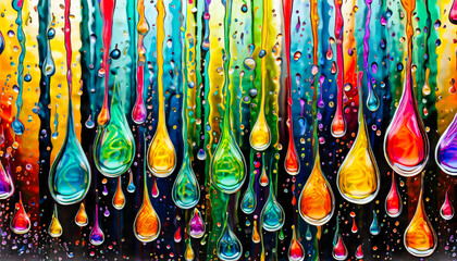 Colorful waterdrops flowing down a glass surface illustration