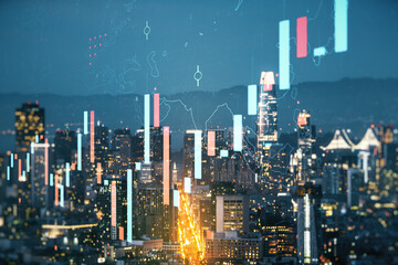 Multi exposure of virtual abstract financial diagram on San Francisco office buildings background,...