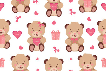 Seamless pattern with cute teddy bears. Drawing for Valentine's Day, Teddy Bear Day. Vector illustration. Vector