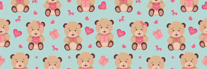Seamless pattern with cute teddy bears. Drawing for Valentine's Day, Teddy Bear Day. Vector illustration. Vector. Vector