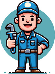 Cheerful Handyman with Wrench Vector Illustration