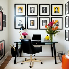 home office with a glass desk and a black chair set against a white wall adorned with art, modern office interior