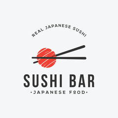 Japanese food sushi logo design with crossed chopsticks. Logo for restaurant, business, bar.