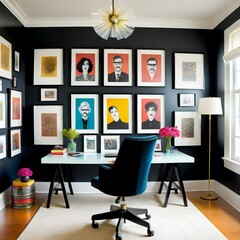 home office with a glass desk and a black chair set against a white wall adorned with art, modern office interior