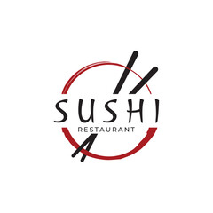 Japanese food sushi logo design with crossed chopsticks. Logo for restaurant, business, bar. © Mujiyono