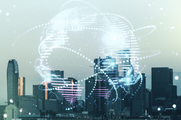 Obraz premium Abstract graphic digital world map hologram with connections on Los Angeles cityscape background, globalization concept. Multiexposure