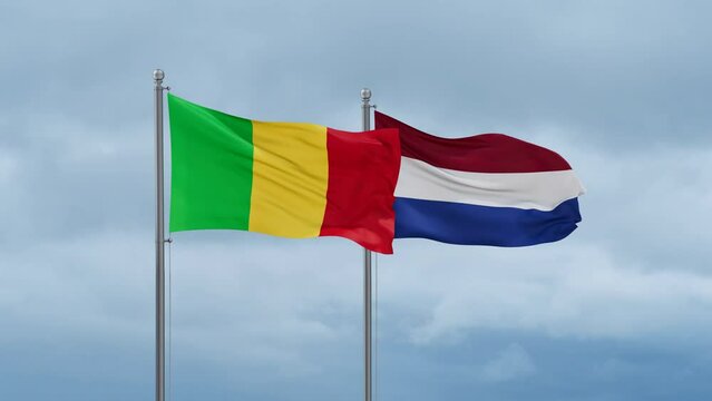 Netherlands flag and Mali flag waving together on cloudy sky, endless seamless loop, two country relations concept