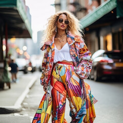 a beautiful model in extravagant colorful clothes on the street of New York