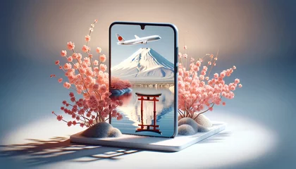 Tuinposter Smartphone with 3D Mount Fuji, Lake, and Torii Gate Display © tong4130