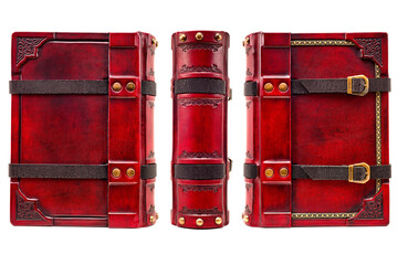 Red leather book with belts captured isolated
