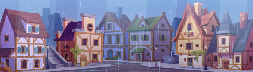 Fototapeta na wymiar Medieval german city street with houses at rain. Cartoon vector cityscape with old town traditional homes with wood fachwerk under falling rainy drops. Half-timbered buildings with puddles on road.
