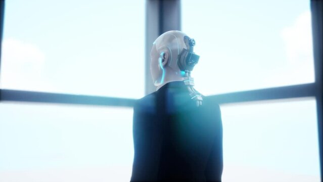 A robot humanoid staying in the empty office and looking out the window at the big city. future technology concept