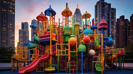 A colorful playground in the middle of a city. Generative AI.