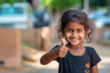 Beautiful portrait of Indian rural happy girl, smiling and looking into the camera in a day time summer. Thumbs up with a smile.