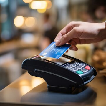 Close up of a customer hand paying with a contactless credit card reader in a bar interior
