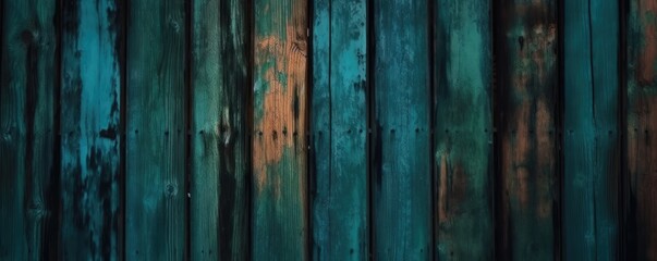  blue and green wood background, with wooden boards, scratched, in the style of post-apocalyptic backdrops, dark teal and bronze