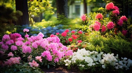 background of a summer garden, amidst the green leaves and colorful blooms, the beauty of nature is showcased through a vibrant floral bed filled with pink and various colors, creating a picturesque - obrazy, fototapety, plakaty