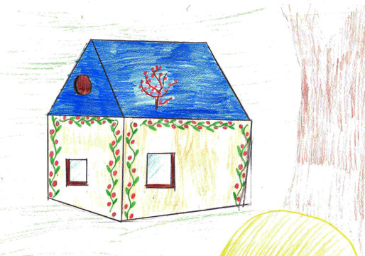 Child's drawing on white paper. Country house with ornaments.