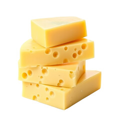Vertical stack of yellow cheese blocks, creating a tower of dairy deliciousness, isolated on white.