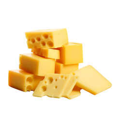 Vertical stack of yellow cheese blocks, creating a tower of dairy deliciousness, isolated on white.