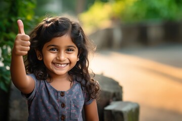 Beautiful portrait of Indian rural happy girl, smiling and looking into the camera in a day time summer. Thumbs up with a smile. - obrazy, fototapety, plakaty