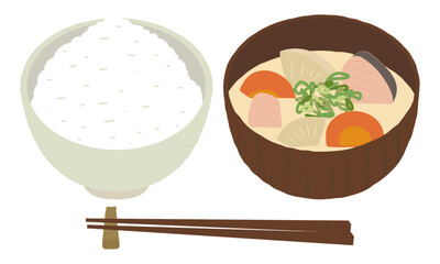 シンプルな白味噌汁、粕汁、白ご飯、箸のイラスト