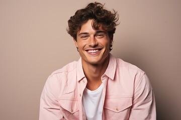 Fototapeta premium Portrait of a beautiful and handsome smiling, happy and pleased man with positive vibes. Human person dressed in fashionable, colorful and fun clothes. Generative AI, AI