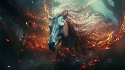 Conjure a surreal dreamscape where the amazing forest horse's mane flows like liquid fire in an otherworldly forest.