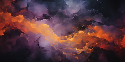 Style of wavy resin sheets with a color palette of dark violet and light orange, incorporating narrative diptychs, spiritual figures, interstellar nebulae, image noise, and shades of light black. - obrazy, fototapety, plakaty