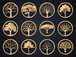golden trees in circle logo set