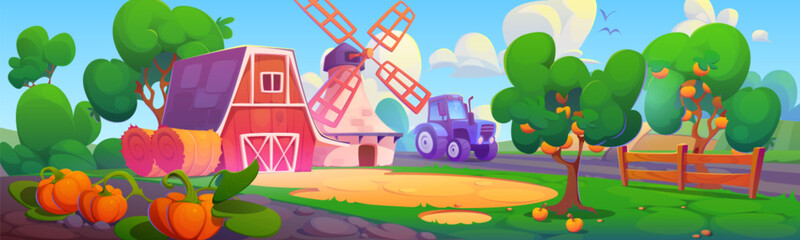 Cartoon farm landscape with barn, wind mill and tractor standing on field. Vector illustration of rural agriculture scenery with house and equipment in ranch, harvest of ripe pumpkins and apples. - obrazy, fototapety, plakaty