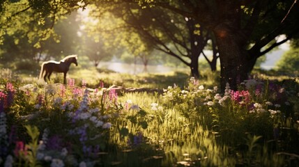 Dappled sunlight filters through the trees onto a field of wildflowers where horses graze. - obrazy, fototapety, plakaty