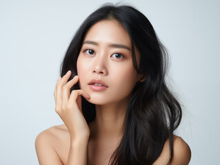 Fototapeta premium Asian woman face skin problem unhappy touch her skin. Asian woman touch face. Beauty and cosmetics skincare advertising