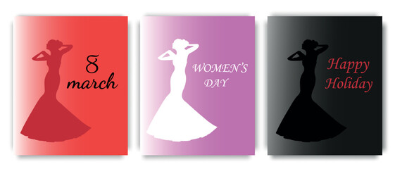 International Women's Day March 8th. Stylish cards with a silhouette of a girl in three colors. Vector illustration.