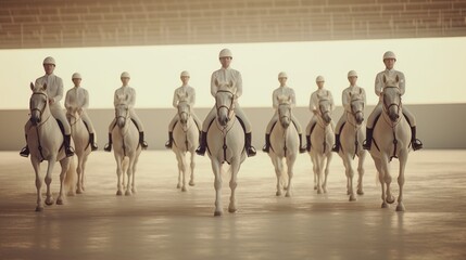 equestrian team practices synchronized riding routines. - obrazy, fototapety, plakaty