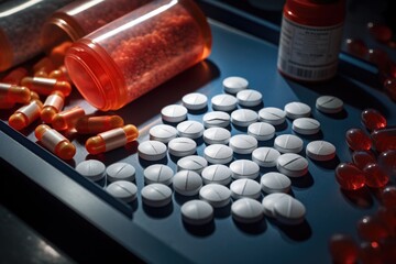 A close-up view of a tray filled with various pills and bottles. 