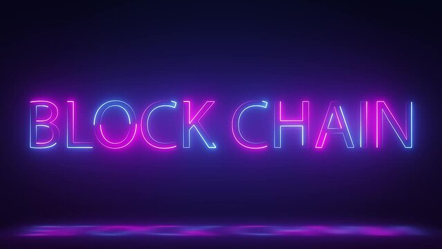 3d render, glowing neon block chain text animation on dark background, technology video material animation
