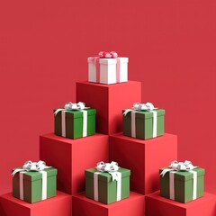 Close up Outstanding White gift box standing one put on Red color stage mock up. Christmas idea concept Celebration. 3D Rendering.
- 682135569