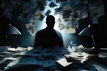 A man is seen sitting in front of a desk that is covered in papers. This image can be used to depict a busy work environment or someone overwhelmed with tasks