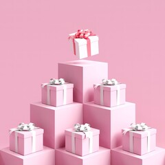 Outstanding White gift box standing one put on pink color stage mock up. Christmas idea concept Celebration. 3D Rendering.  - 682135573